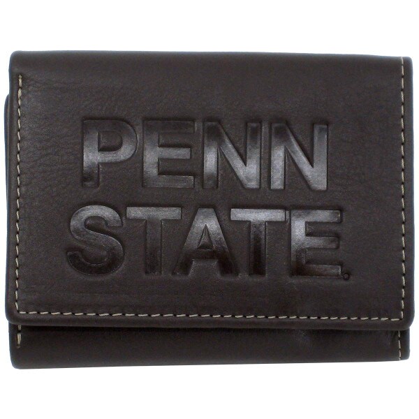 brown leather tri-fold wallet with debossed Penn State